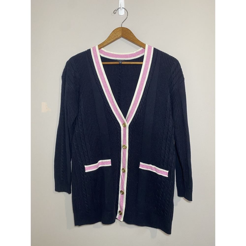 Talbot Cardigan Womens Petite MEDIUM Blue Pink V Neck Cable Knit Varsity Sweater